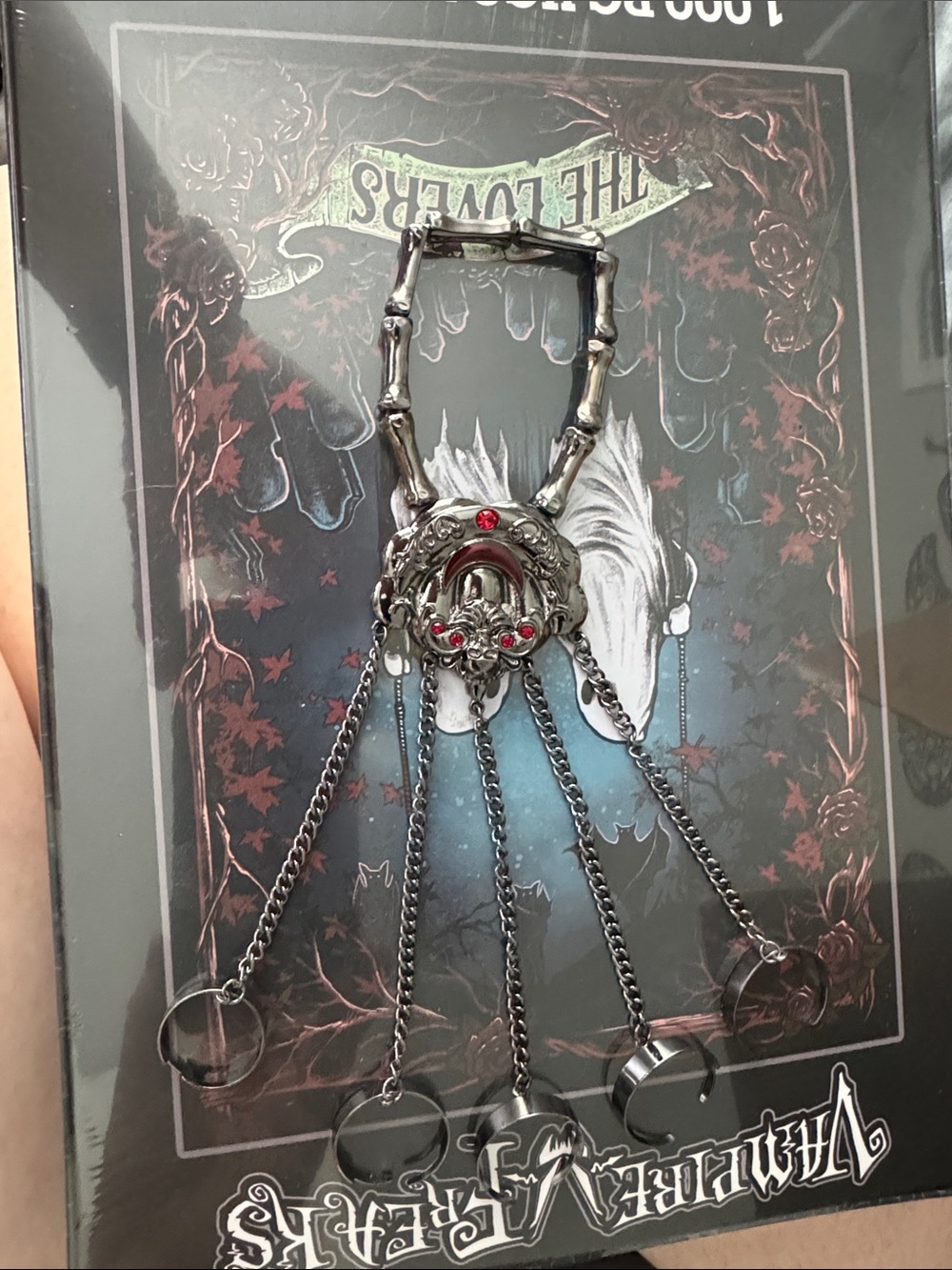 Gothic Silver-Tone Dangle Chain Hand Harness with Red Accents